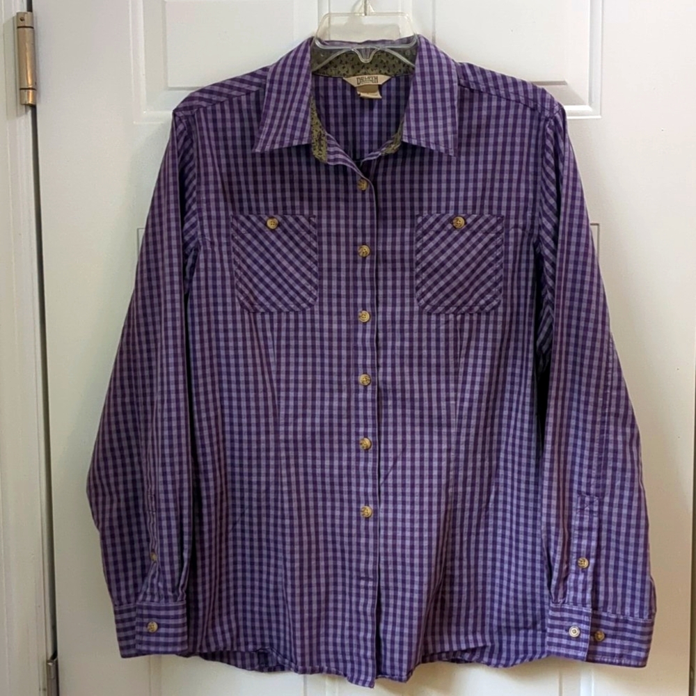 Duluth Trading Co. men's large long sleeve purple plaid button down shirt